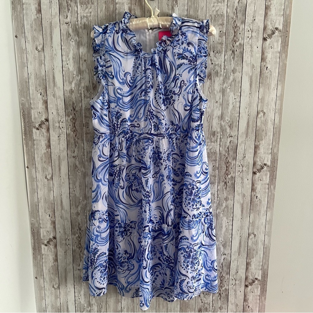 Lilly Pulitzer Jazzy Dress Tiered Don’t Be Jelly Blue and White Dress Large